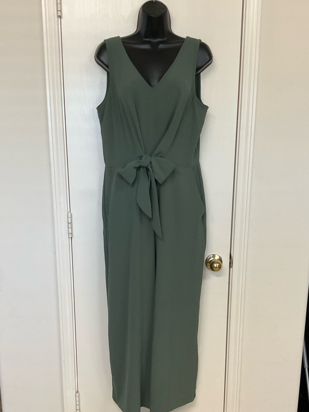 1. State Olive Green Sleeveless V-Neck Jumpsuit with Waist Tie